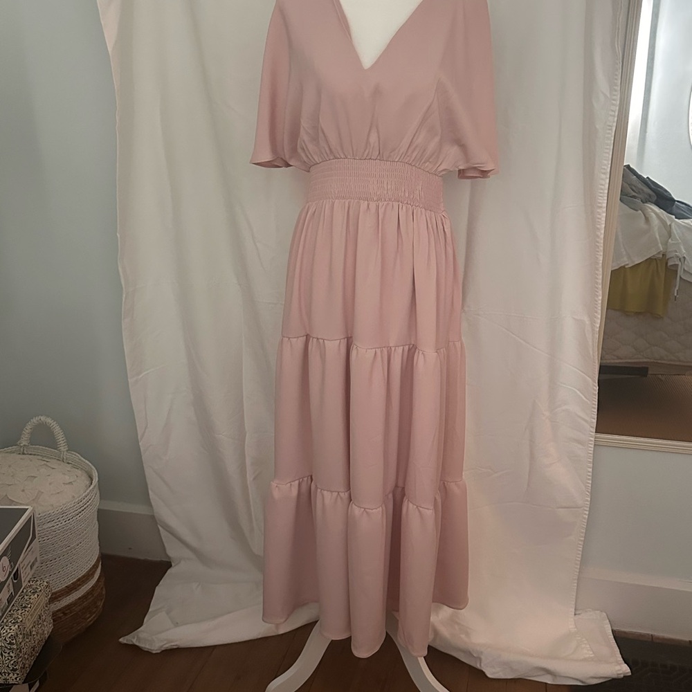 Pink Tiered Maxi Dress with Flutter Sleeves